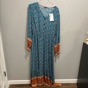 Elegant Floral Maxi Dress in Teal and Orange